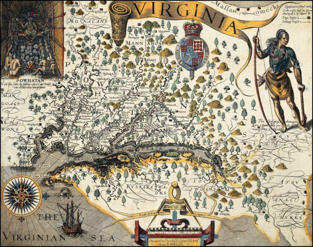 Mapa de Virginia. Realizado por John Smith en 1612, este mapa muestra en su parte superior izquierda el interior de la cabaña del jefe indio Wahunsonacock.